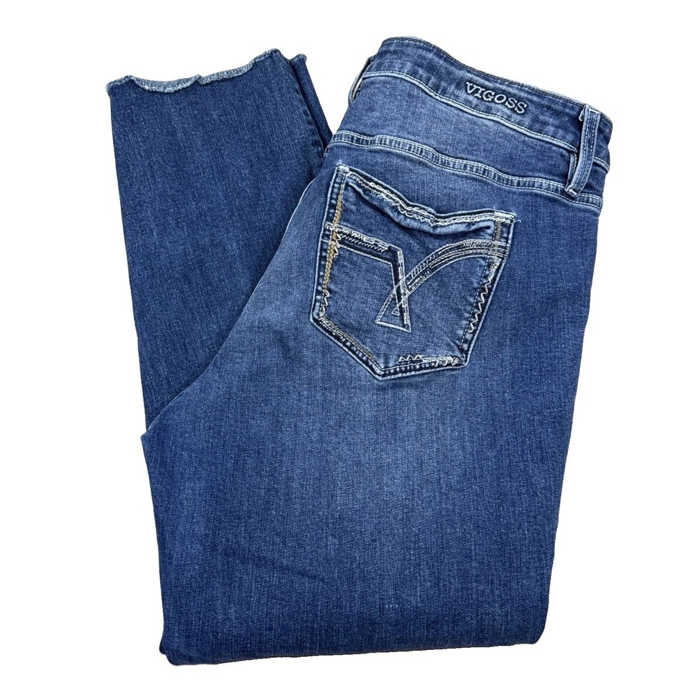 Vigoss Jeans Womens 18 Blue Denim Crop Leg Embroidered Stretch Frayed Hem